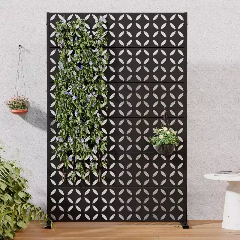 Paravent d'extérieur Dovelina 72H x 47W en métal, panneaux de clôture autoportants noirs pour jardin, terrasse, cour