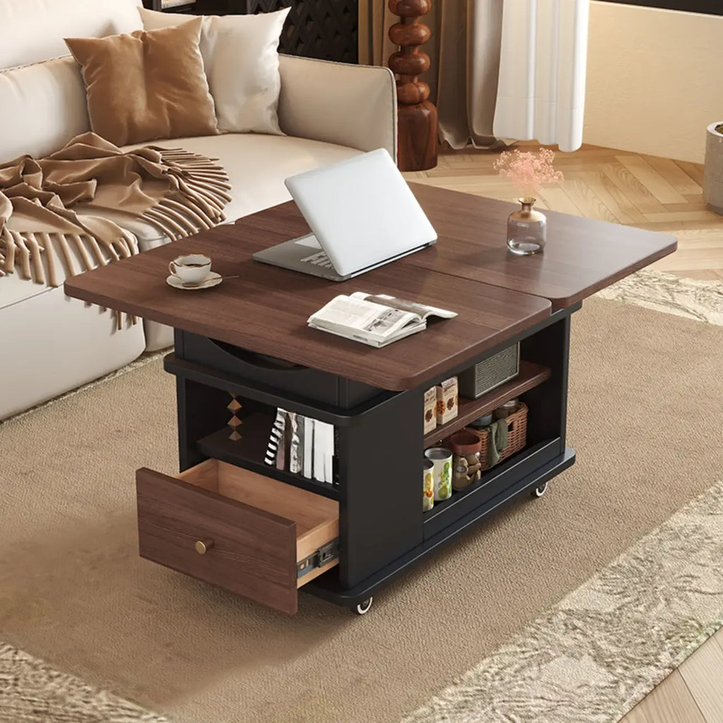 Table d'appoint pliante rectangulaire en bois et métal avec plateau relevable et roulettes