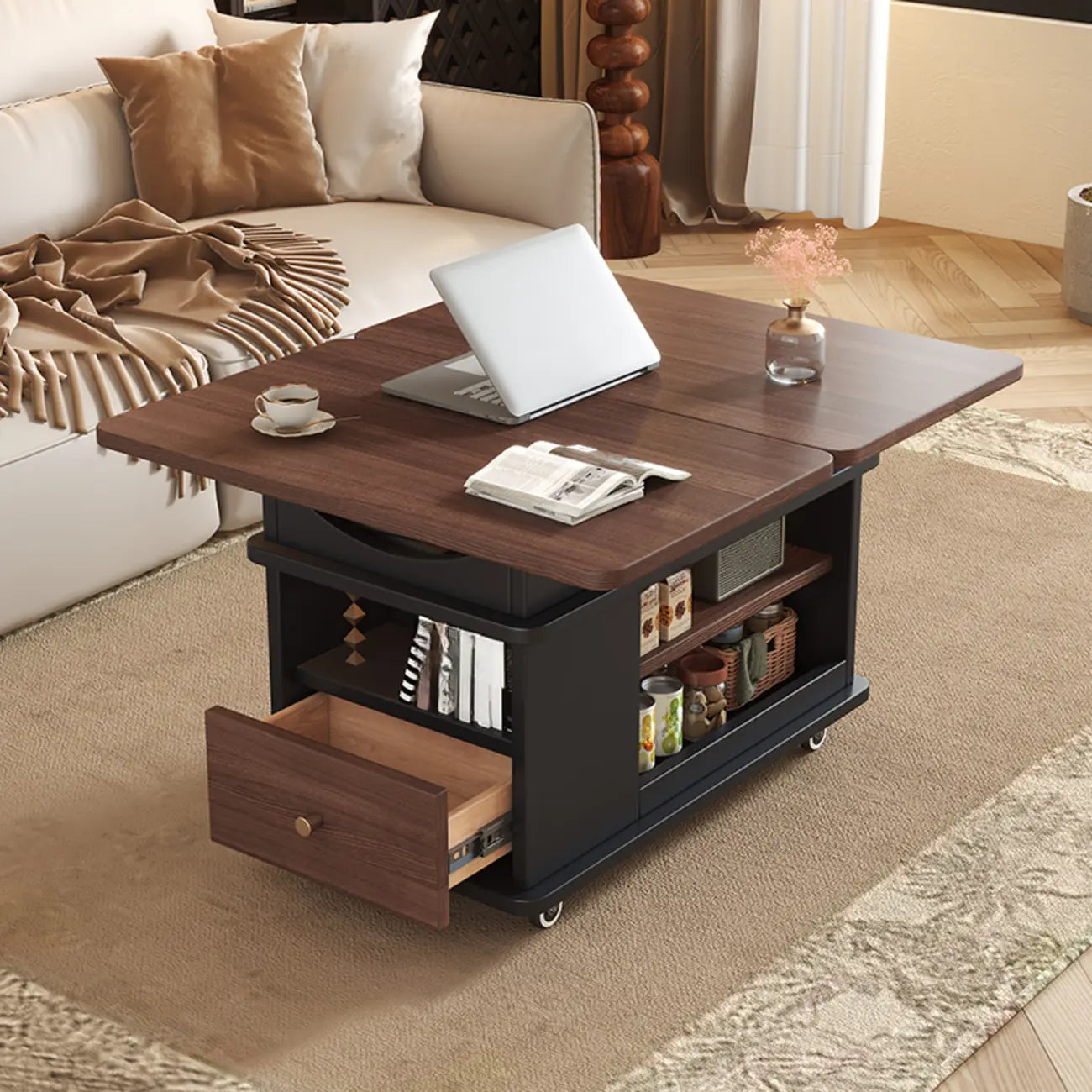 Table d'appoint pliante rectangulaire en bois et métal avec plateau relevable et roulettes