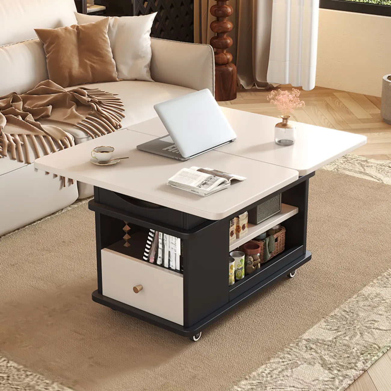 Table d'appoint pliante rectangulaire en bois et métal avec plateau relevable et roulettes