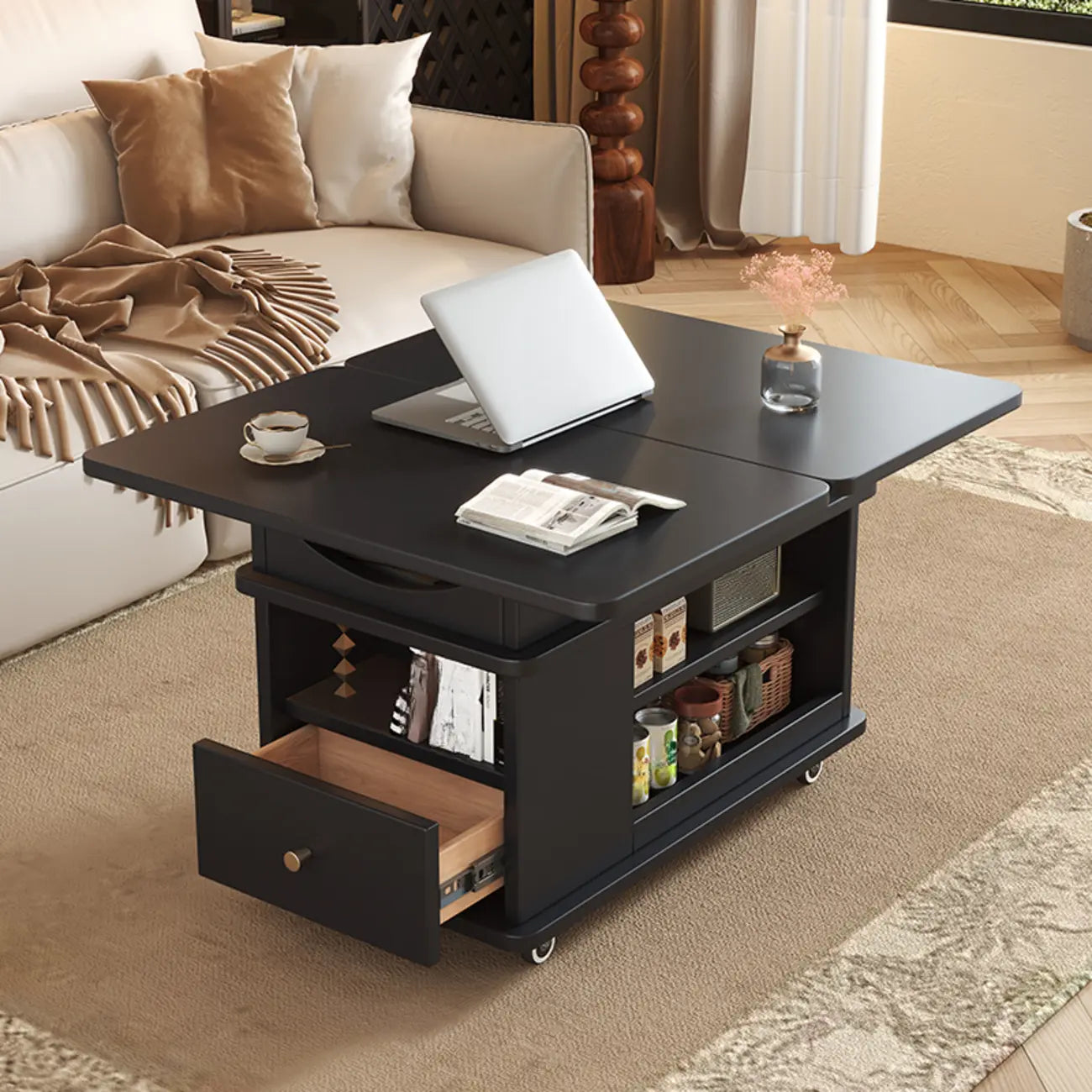 Table d'appoint pliante rectangulaire en bois et métal avec plateau relevable et roulettes