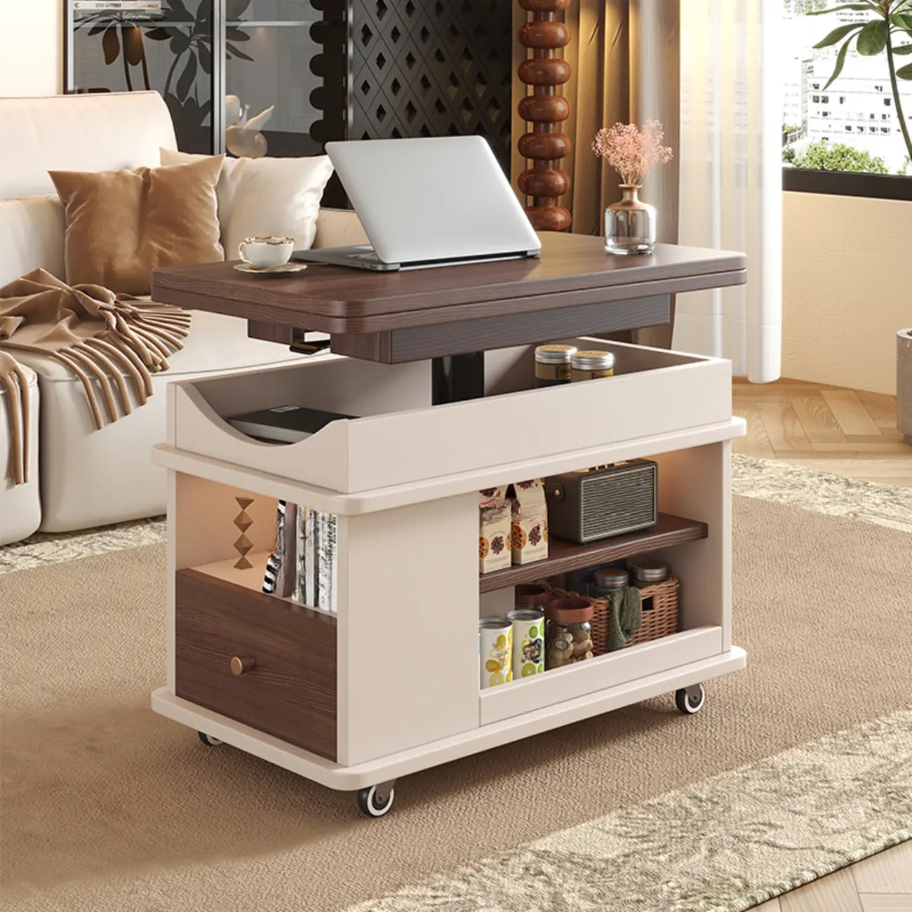Table d'appoint pliante rectangulaire en bois et métal avec plateau relevable et roulettes