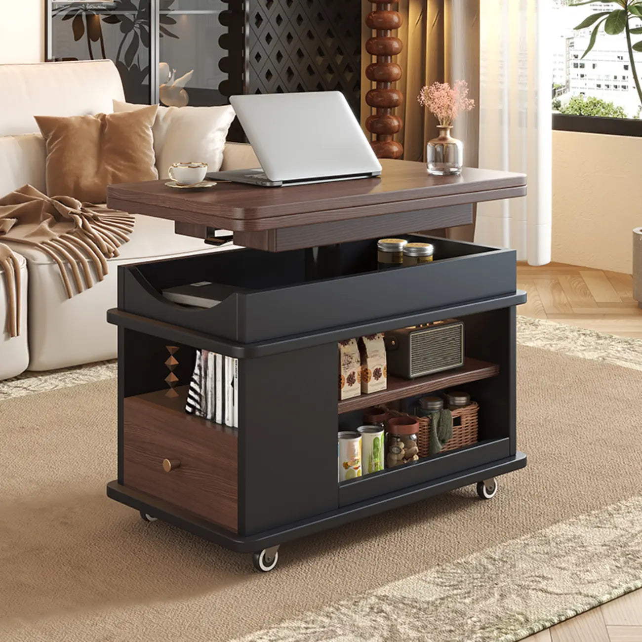 Table d'appoint pliante rectangulaire en bois et métal avec plateau relevable et roulettes