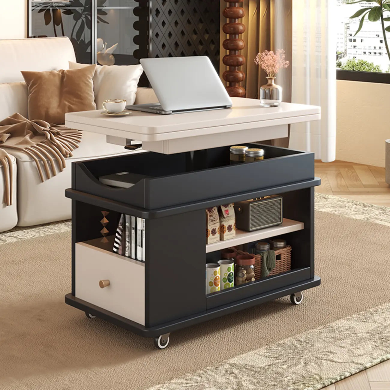 Table d'appoint pliante rectangulaire en bois et métal avec plateau relevable et roulettes