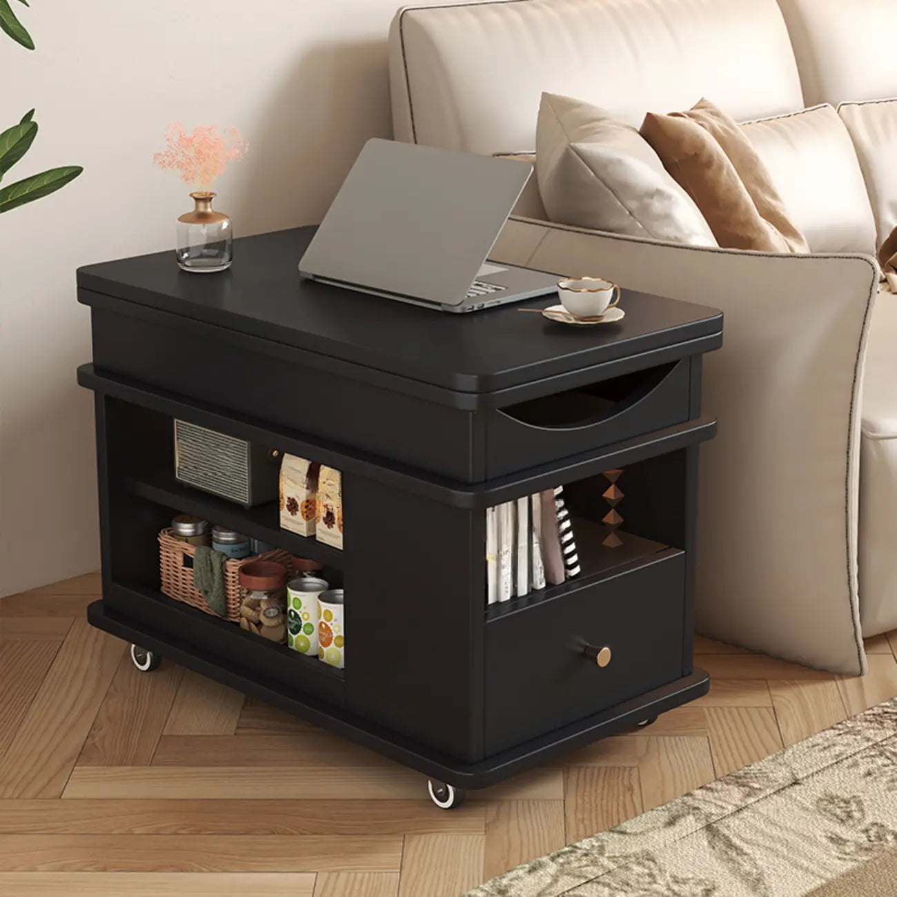 Table d'appoint pliante rectangulaire en bois et métal avec plateau relevable et roulettes
