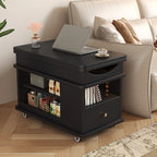 Table d'appoint pliante rectangulaire en bois et métal avec plateau relevable et roulettes