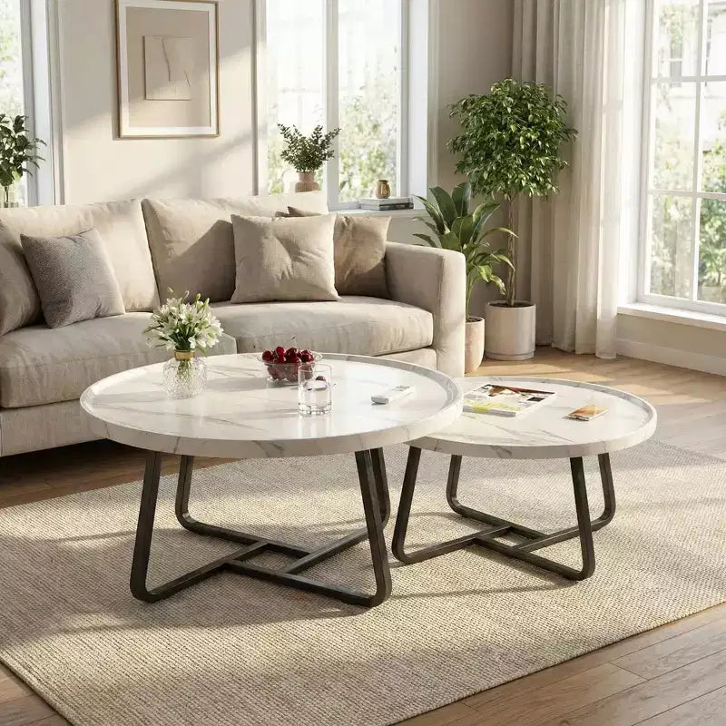 Ensemble de 2 tables basses gigognes rondes, style scandinave, petites tables basses et d'appoint pour salon, chambre à coucher, balcon