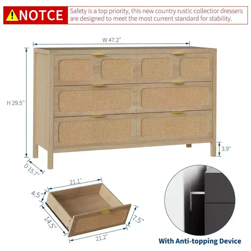 Commode à 6 tiroirs en rotin, poignées en métal, pieds en bois, style bohème et ferme, rangement chêne pour chambre, salon, couloir, entrée