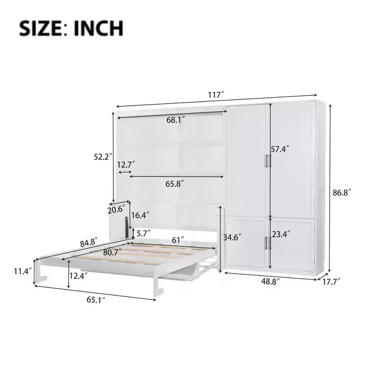 Lit escamotable Queen Size Whisen Modern Design, se pliant dans une armoire avec penderie