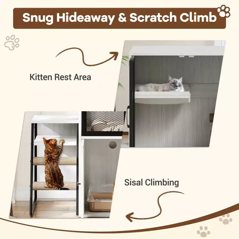 Meuble de litière pour chat GustomWave, armoire double cachée 2 en 1 avec bac à litière fermé et échelle, meuble pour chat en bois