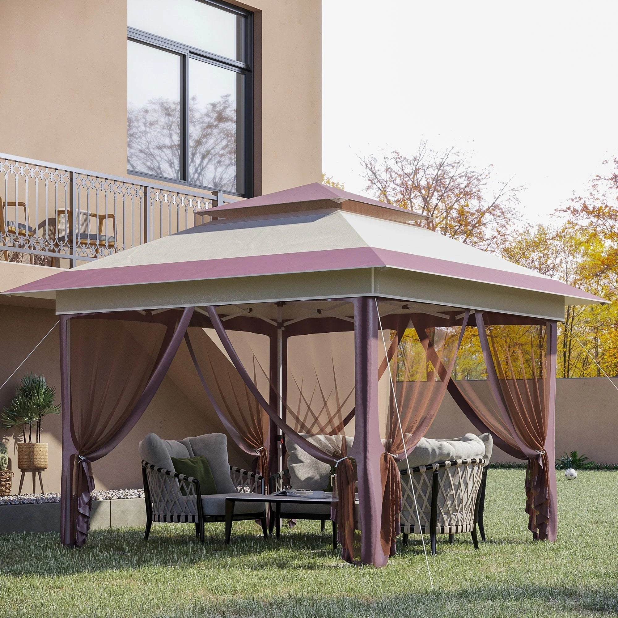 Outsunny 12 x 12 Tonnelle escamotable Pare-soleil Tente instantanée pliable avec filet latéral en maille, Hauteur réglable sur 3 niveaux