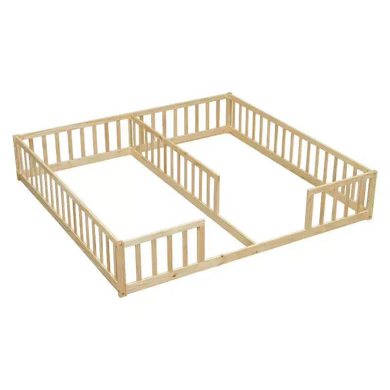 Lit double Bellemave avec barrières de sécurité, en pin et bois composite, naturel et gris, sûr, robuste, peu encombrant, assemblage facile pour enfants