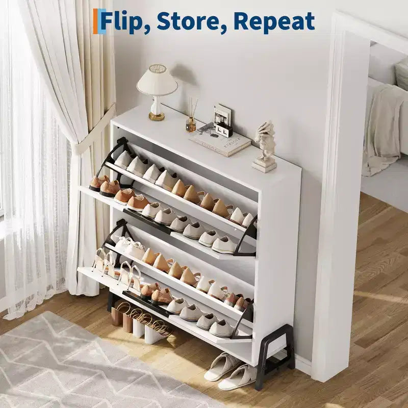 Meuble de rangement pour chaussures à 2 tiroirs basculants – avec pieds en métal, étagère réglable, organisateur de chaussures étroit pour entrée, foyer, couloir, salon
