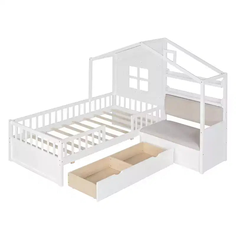 Lit cabane MAYEERTY pour enfant avec canapé, plateforme, deux tiroirs et étagère de rangement, blanc