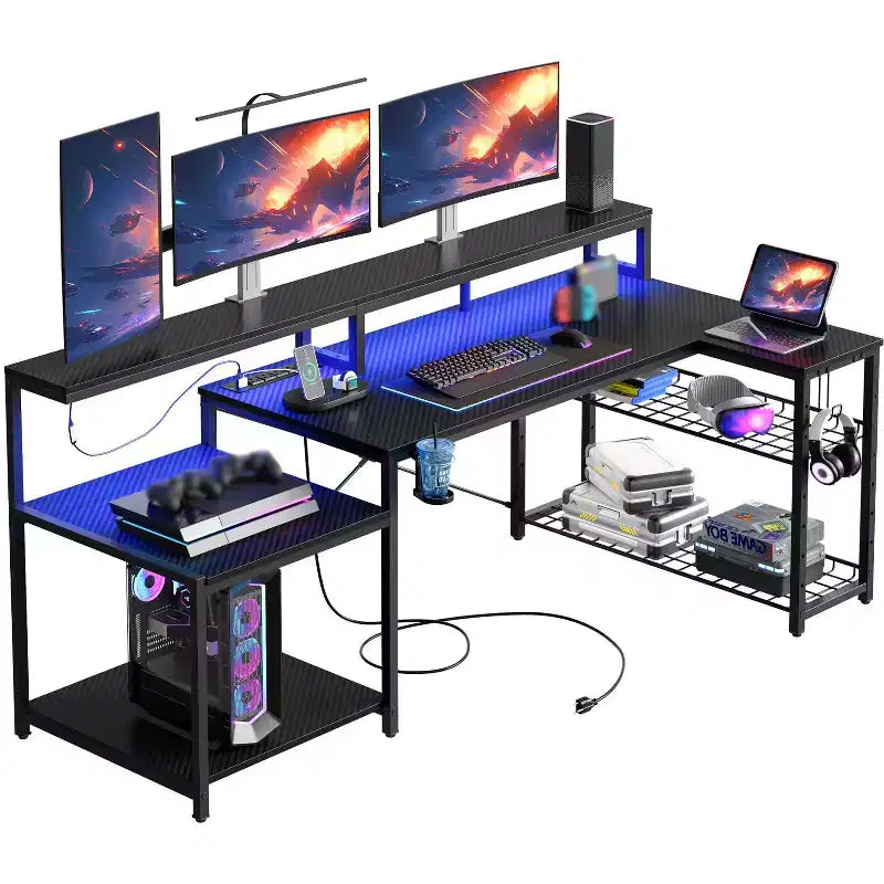 Bureau de gamer Bestier 71,5 pouces avec prise de courant, bureau d'ordinateur en L avec support d'écran, table de gamer d'angle avec étagère réglable et crochet pour casque