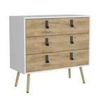 Commode de chambre à 3 tiroirs Okak Modern Design avec pieds épingle en métal, armoire de rangement en bois, commode pour chambre à coucher, entrée