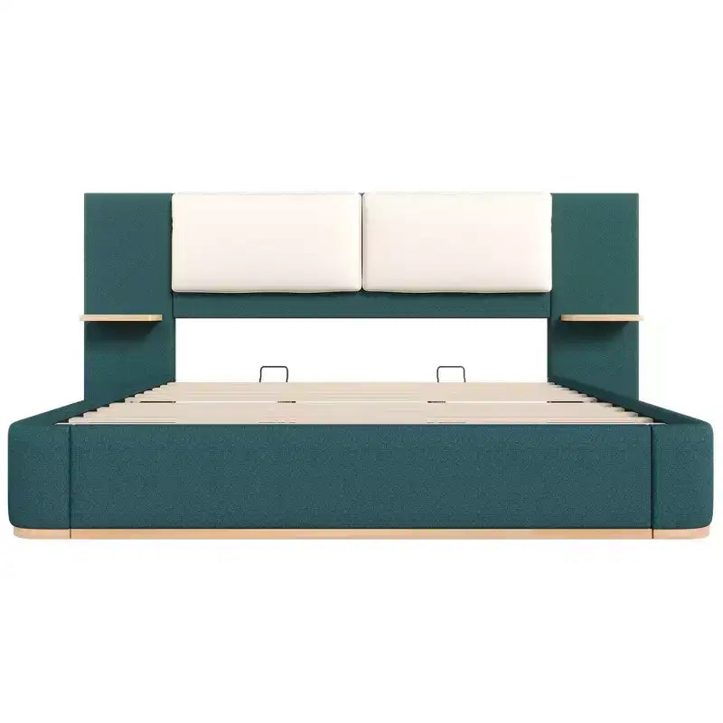 Cadre de lit plateforme capitonné Whisen King Size avec étagères de rangement latérales, tête de lit et panneau en PU doux, anti-collision, assemblage facile