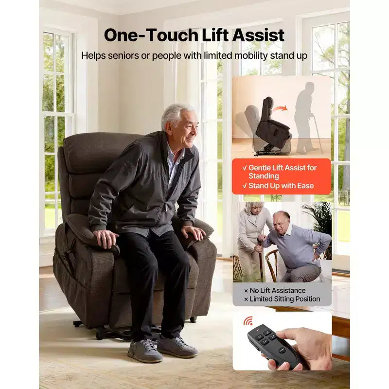 Fauteuil inclinable et releveur électrique VEVOR, Fauteuil releveur double moteur de taille moyenne avec chauffage et massage pour personnes âgées, Position réglable, Télécommande, Marron