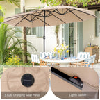 Parasol de marché extérieur rectangulaire de 4,5 m avec manivelle, double face, lumières LED solaires et base incluse
