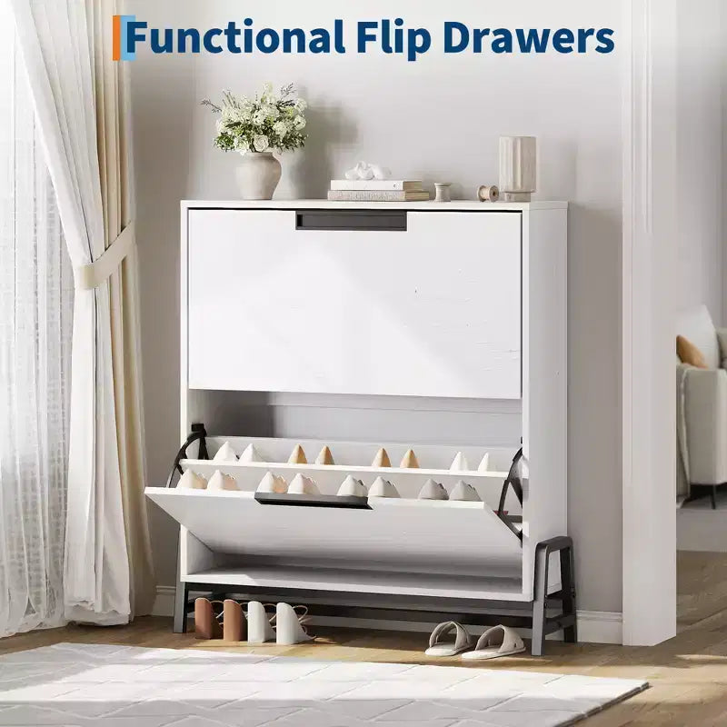 Meuble de rangement pour chaussures à 2 tiroirs basculants – avec pieds en métal, étagère réglable, organisateur de chaussures étroit pour entrée, foyer, couloir, salon