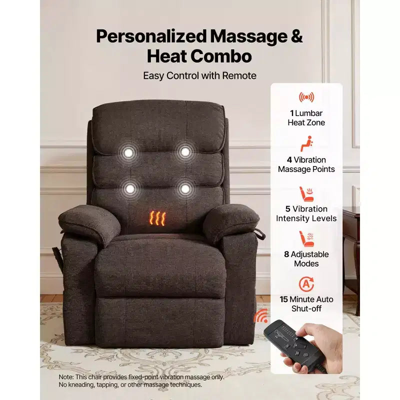 Fauteuil inclinable et releveur électrique VEVOR, Fauteuil releveur double moteur de taille moyenne avec chauffage et massage pour personnes âgées, Position réglable, Télécommande, Marron