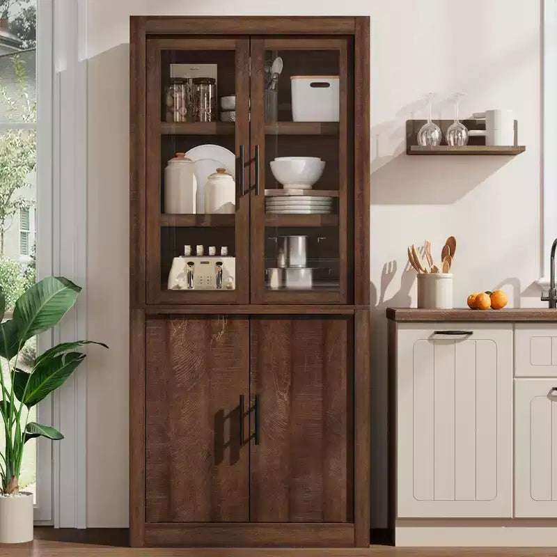 Grand garde-manger de cuisine en bois, armoire de rangement alimentaire autonome de style ferme avec 4 portes magnétiques, étagères réglables, grand rangement
