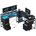 HOMCOM Bureau réversible en L de 167 cm avec tiroir-classeur, bureau double de 266 cm avec prise de courant et lumière LED, étagère pour écran et support CPU
