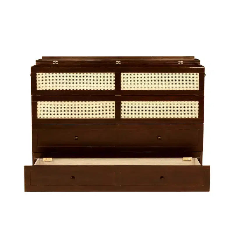 Lit escamotable Whisen Queen Size en pin avec décoration en rotin et tiroir de rangement