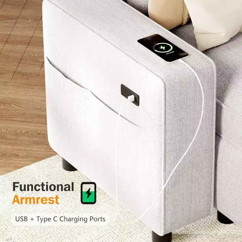 Canapé d'angle modulable 4 places Dyonery 108 avec ports USB/dossier réglable/2 sièges de rangement