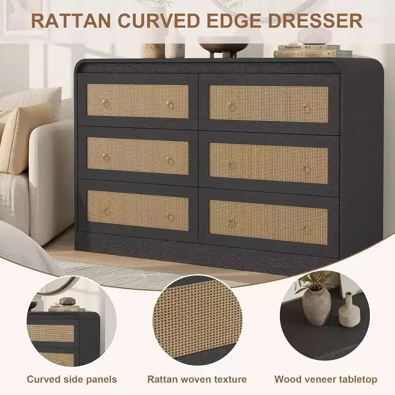 Commode à 6 tiroirs en rotin Acekool, commode moderne pour chambre à coucher, salon et couloir