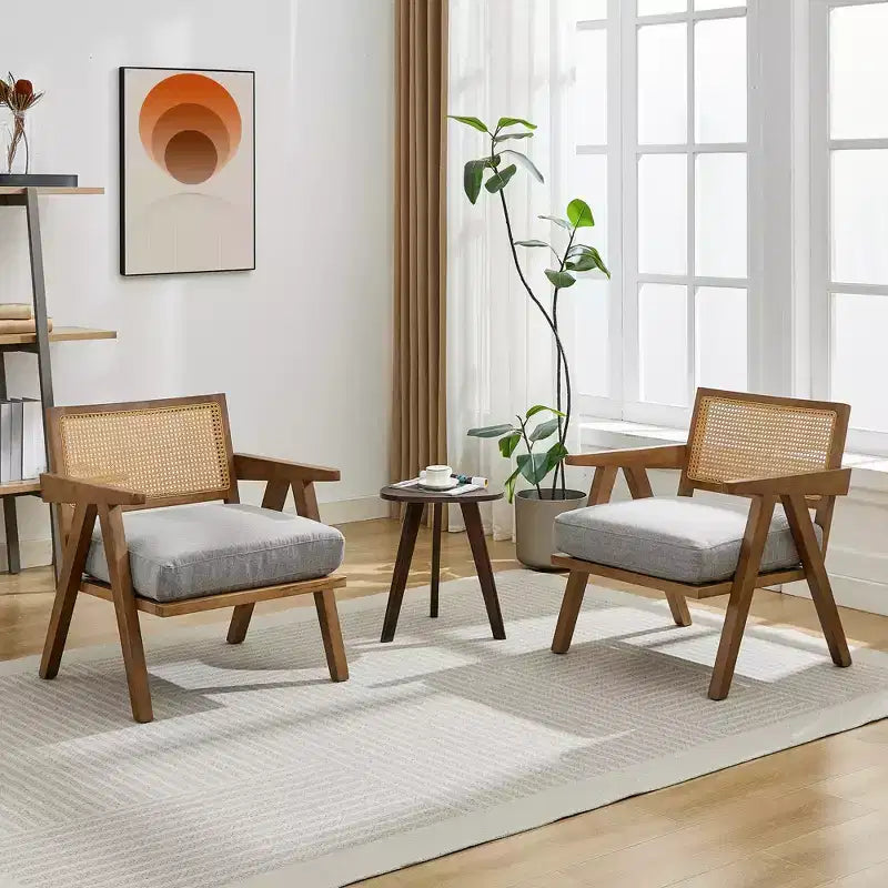 Fauteuil d'appoint de ferme du milieu du siècle - Fauteuil en bois avec dossier en rotin et coussin en lin pour salon, chambre