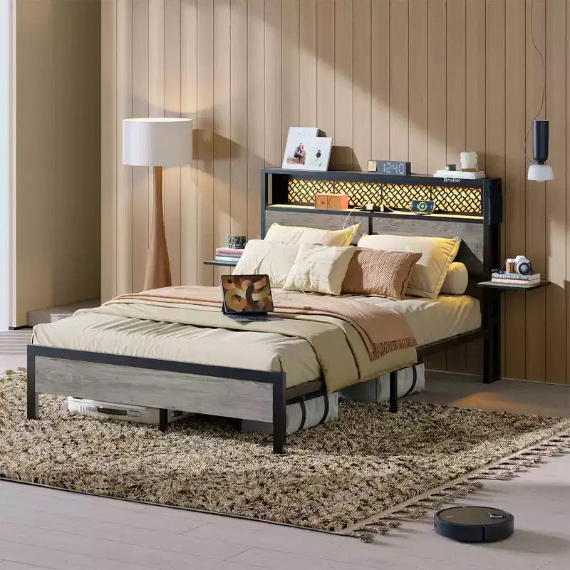 Cadre de lit Bestier Queen/Full en tissu, plateforme de lit LED, tête de lit de rangement avec étagères pliantes et station de charge