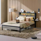 Cadre de lit Bestier Queen/Full en tissu, plateforme de lit LED, tête de lit de rangement avec étagères pliantes et station de charge