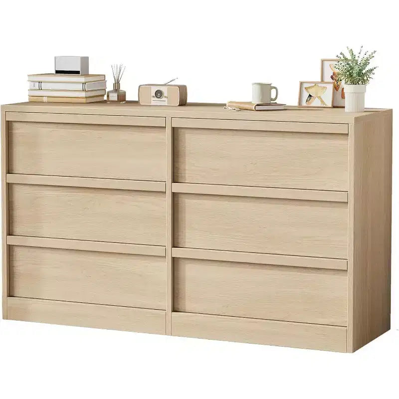 Commode 6 tiroirs CuisinSmart pour chambre à coucher, double commode de rangement naturelle avec poignées concaves, commode moderne, bois naturel