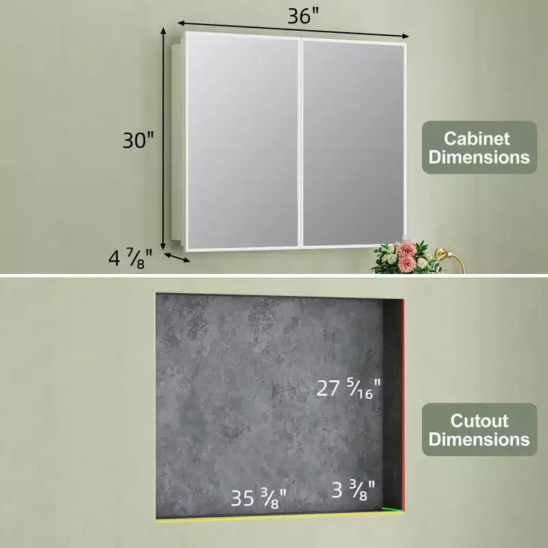 Armoire à pharmacie Elise avec miroir, armoire de salle de bain à montage en surface ou encastré, étagères réglables en verre trempé, réversible
