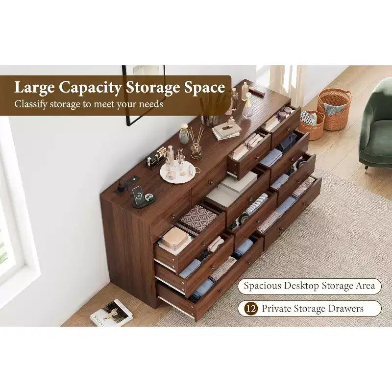 Acekool Commode 12 Tiroirs avec Prises de Courant, Meuble de Rangement en Bois pour Chambre, Salon, Couloir, 155 cm