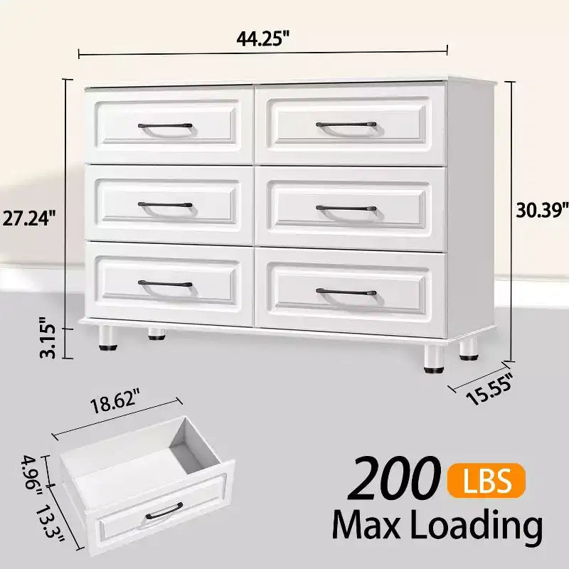 Commode blanche Sandinrayli pour chambre à coucher, commode large à 6 tiroirs, table de chevet moderne, commodes en bois avec poignées en acier, blanc