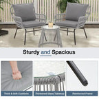 Ensemble de bistro 3 pièces pour terrasse, salon de jardin en rotin tressé avec table en verre et 2 fauteuils larges, coussins d'assise