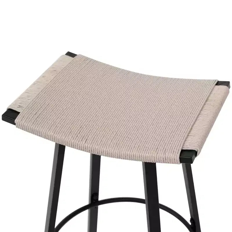 MAYEERTY Lot de 2 tabourets de bar sans dossier hauteur comptoir, PVC tressé, repose-pieds rond, utilisation intérieure/extérieure Noir Blanc Crème