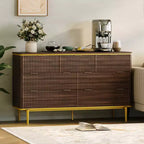 COZONY Commode cannelée 7 tiroirs, 137 cm de large, meuble de rangement moderne en bois avec design incurvé et poignées métalliques pour chambre à coucher ou salon