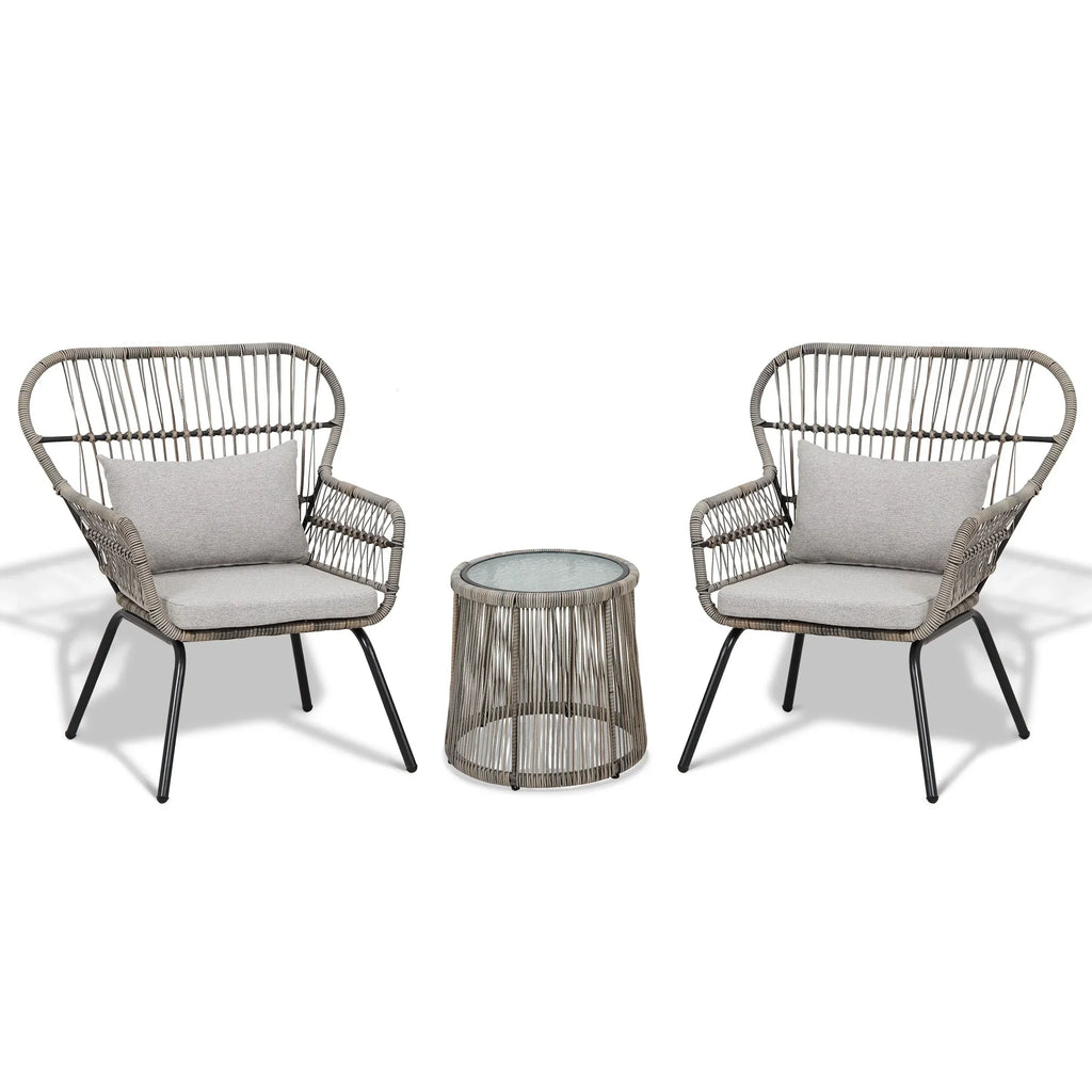 Ensemble bistrot 3 pièces en osier pour conversation, salon de jardin en rotin résistant aux intempéries avec coussins