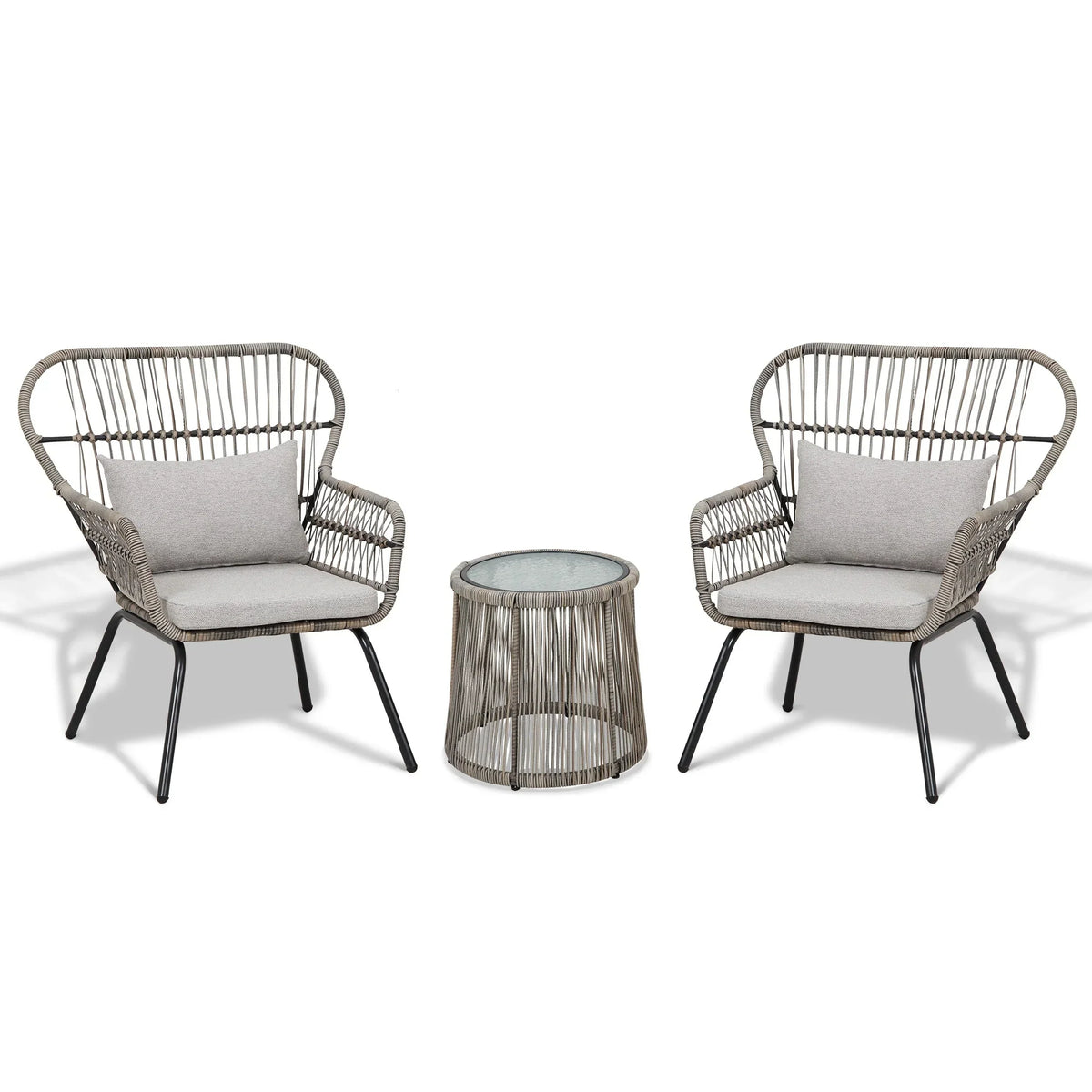 Ensemble bistrot 3 pièces en osier pour conversation, salon de jardin en rotin résistant aux intempéries avec coussins