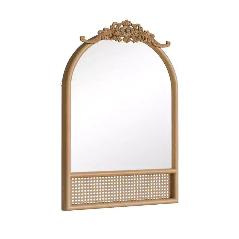 Miroir mural PexFix Classic, avec cadre en bois sculpté en arc et fond en rotin