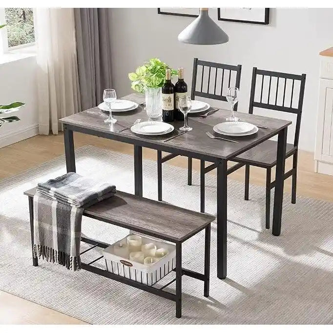 Ensemble Table à Manger pour 4 personnes Table de Cuisine avec Bancs et 2 Chaises Plateau en Bois et Cadre en Métal Coin Repas