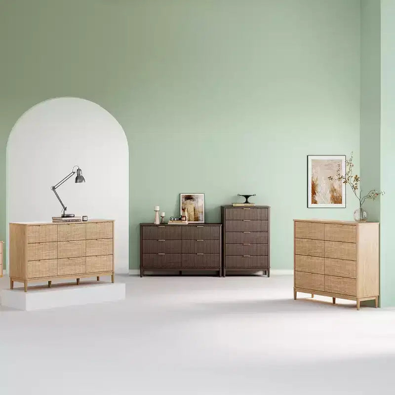 Commode LINSY HOME à 6 tiroirs cannelés pour chambre à coucher, grande commode de style moderne du milieu du siècle avec poignées en métal doré, commodes larges en bois de style bohème