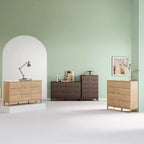 Commode LINSY HOME à 6 tiroirs cannelés pour chambre à coucher, grande commode de style moderne du milieu du siècle avec poignées en métal doré, commodes larges en bois de style bohème