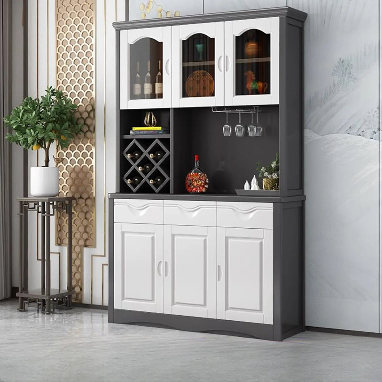 Buffet de cuisine en bois blanc avec casier à vin intégré