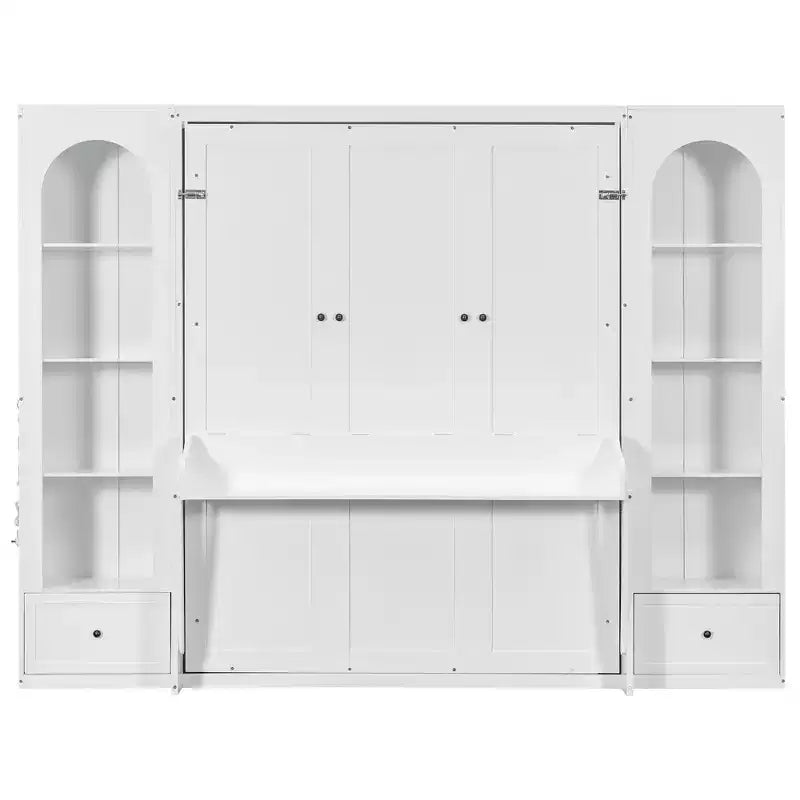 Lit escamotable Queen Size avec armoires latérales et éclairage LED, lit armoire pliant avec étagères de rangement et tiroirs pour chambre d'amis, blanc