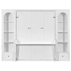 Lit escamotable Queen Size avec armoires latérales et éclairage LED, lit armoire pliant avec étagères de rangement et tiroirs pour chambre d'amis, blanc