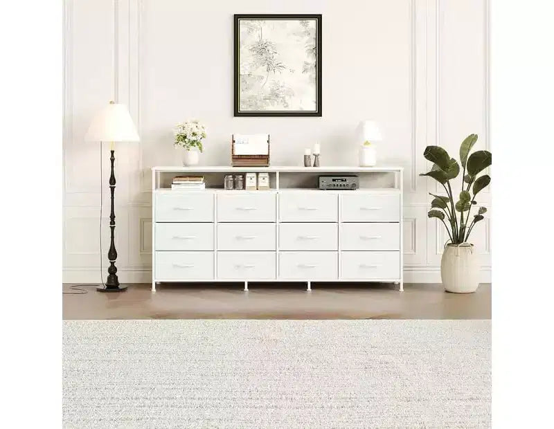 Commode TV de 160 cm en tissu pour chambre à coucher - Commode longue à 12 tiroirs pour salon - Commode noire avec étagères ouvertes